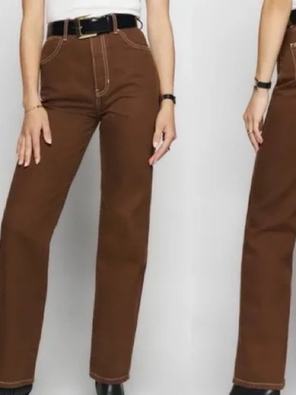 Reformation Cowboy Straight Chocolate Wash Jeans with White Stitching